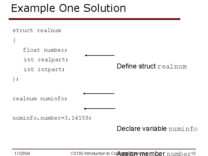 Example One Solution struct realnum { float number; int realpart; Define struct realnum intpart;