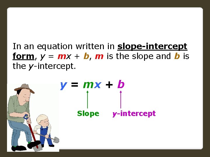 In an equation written in slope-intercept form, y = mx + b, m is