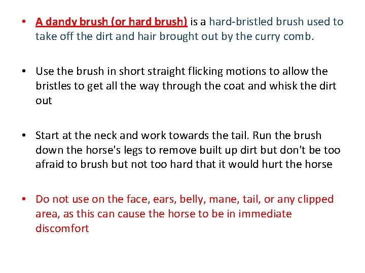  • A dandy brush (or hard brush) is a hard-bristled brush used to