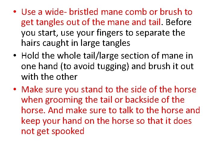  • Use a wide- bristled mane comb or brush to get tangles out