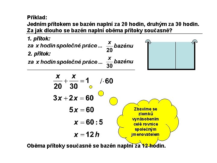 Příklad: Jedním přítokem se bazén naplní za 20 hodin, druhým za 30 hodin. Za