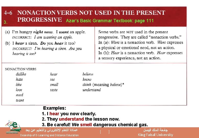 3. Azar’s Basic Grammar Textbook: page 111 Examples: 1. I hear you now clearly.