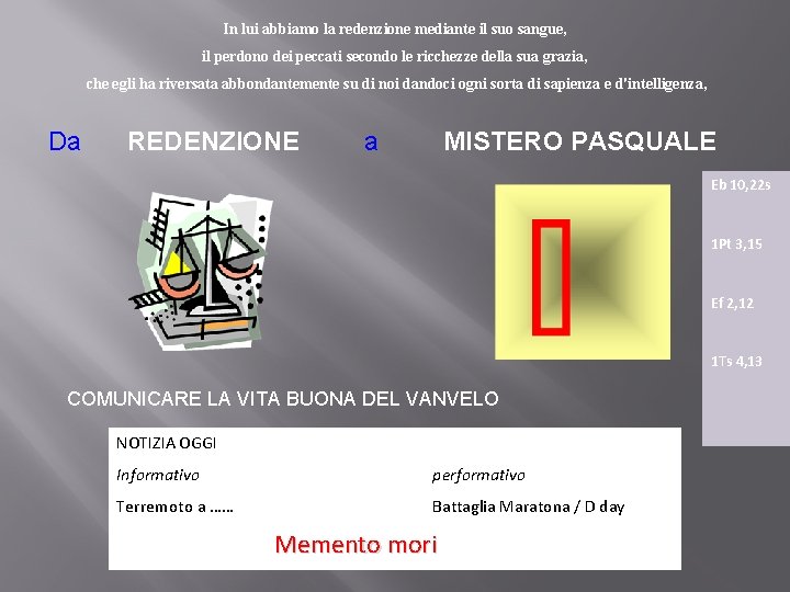 In lui abbiamo la redenzione mediante il suo sangue, il perdono dei peccati secondo