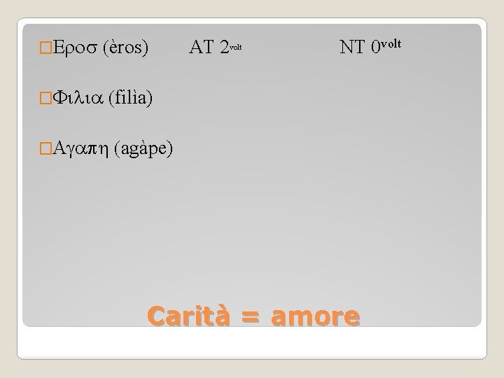 �Eros (èros) �Filia AT 2 volt NT 0 volt (filìa) �Agaph (agàpe) Carità =