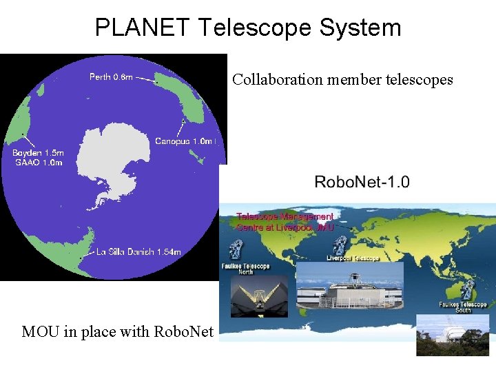 PLANET Telescope System Collaboration member telescopes MOU in place with Robo. Net 