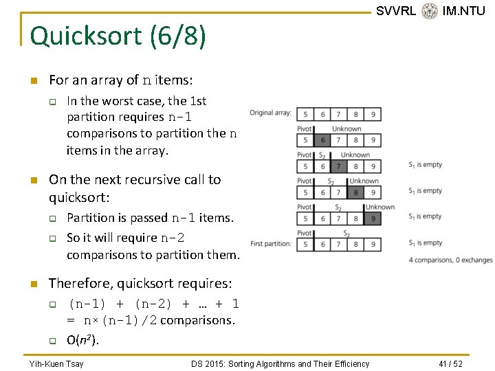 Quicksort (6/8) n For an array of n items: q n In the worst