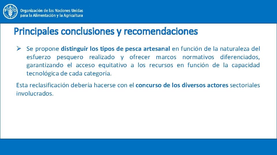 Principales conclusiones y recomendaciones Ø Se propone distinguir los tipos de pesca artesanal en