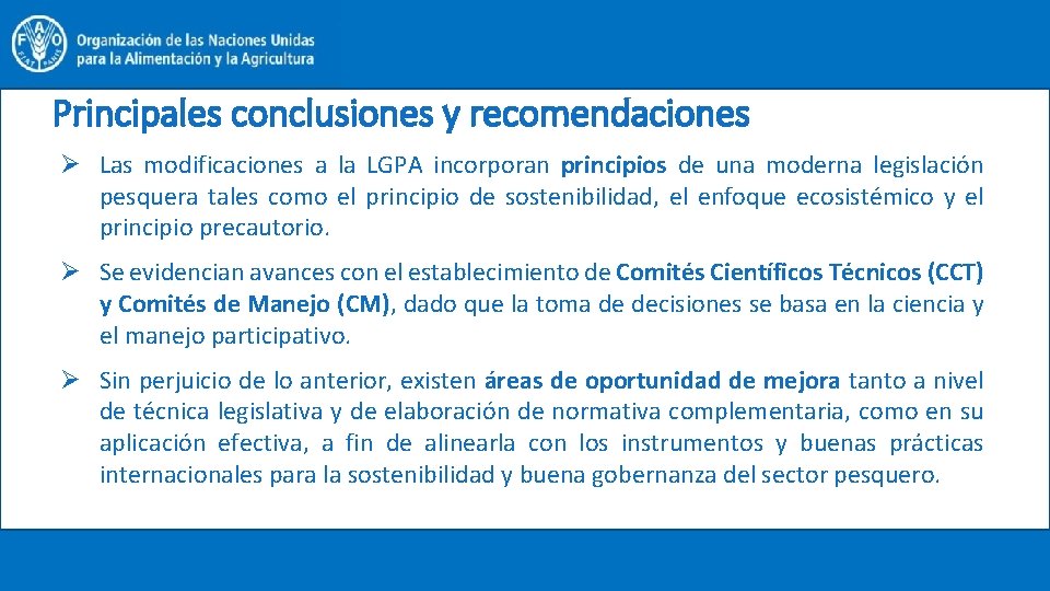 Principales conclusiones y recomendaciones Ø Las modificaciones a la LGPA incorporan principios de una