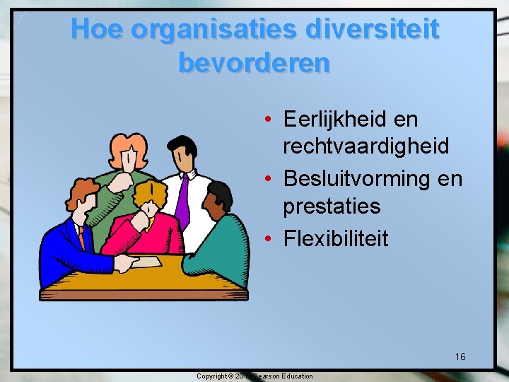 Hoe organisaties diversiteit bevorderen • Eerlijkheid en rechtvaardigheid • Besluitvorming en prestaties • Flexibiliteit