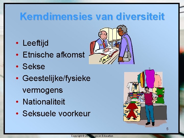 Kerndimensies van diversiteit • • Leeftijd Etnische afkomst Sekse Geestelijke/fysieke vermogens • Nationaliteit •