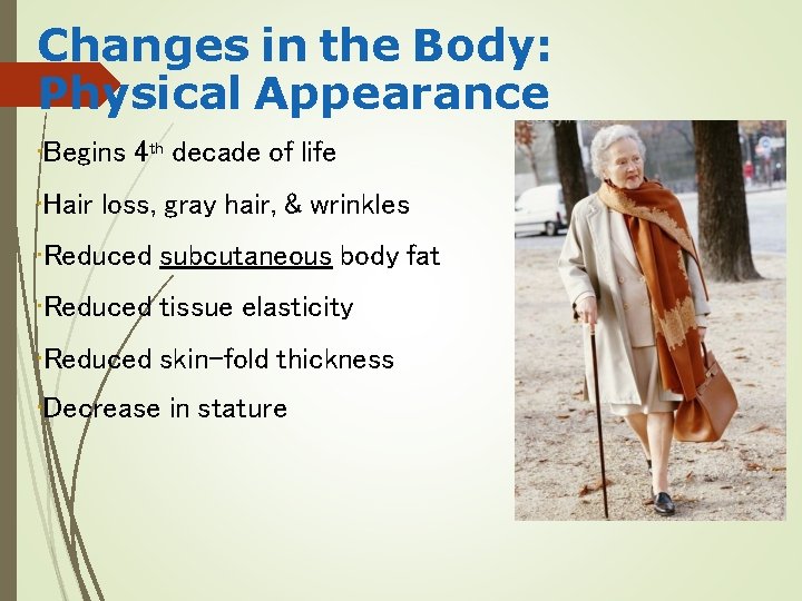 Changes in the Body: Physical Appearance • Begins 4 th decade of life •