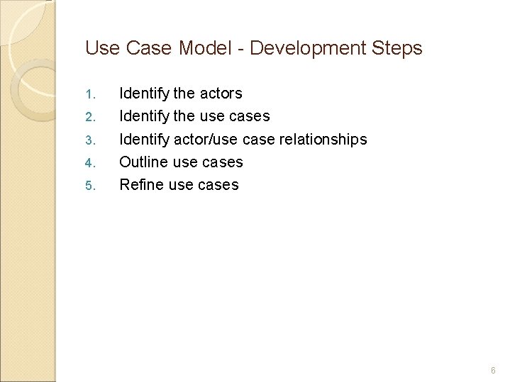 Use Case Model - Development Steps 1. 2. 3. 4. 5. Identify the actors