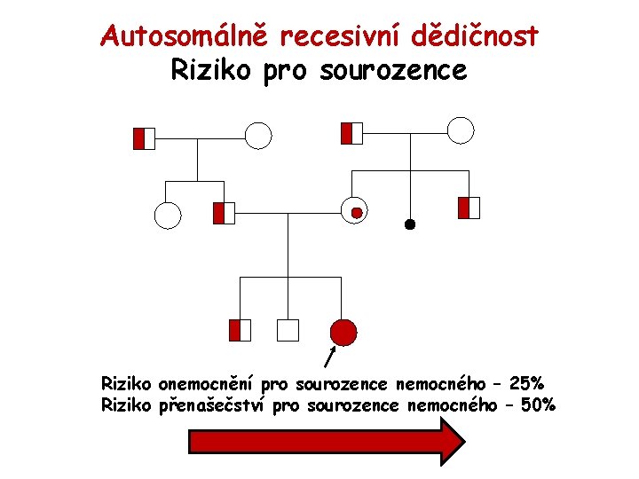 Autosomálně recesivní dědičnost Riziko pro sourozence Riziko onemocnění pro sourozence nemocného – 25% Riziko