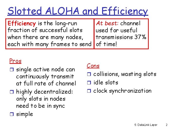 Slotted ALOHA and Efficiency is the long-run fraction of successful slots when there are