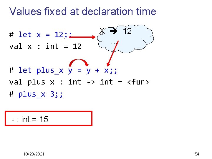 Values fixed at declaration time # let x = 12; ; val x :