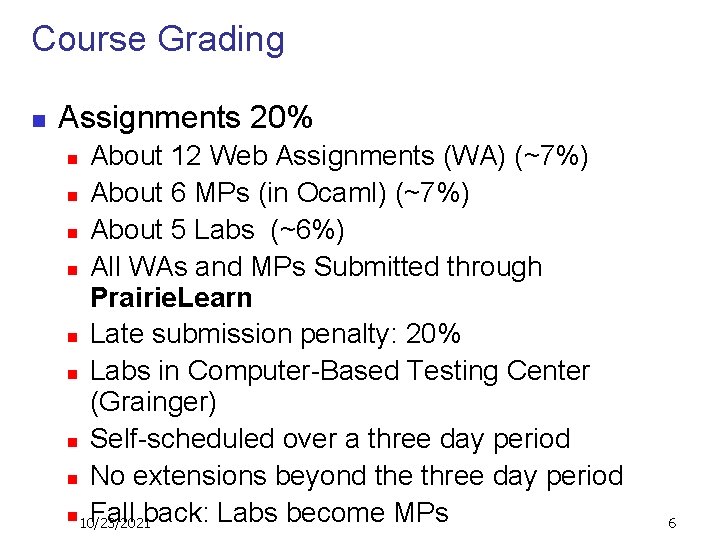 Course Grading n Assignments 20% About 12 Web Assignments (WA) (~7%) n About 6