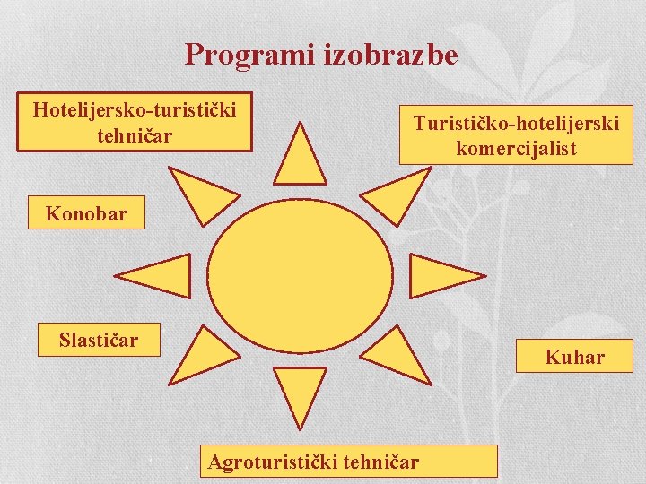 Programi izobrazbe Hotelijersko-turistički tehničar Turističko-hotelijerski komercijalist Konobar Slastičar Kuhar Agroturistički tehničar 