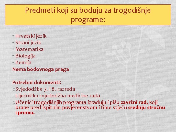 Predmeti koji su boduju za trogodišnje programe: • Hrvatski jezik • Strani jezik •