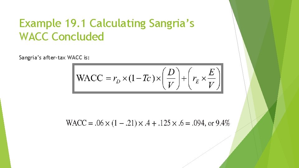 Example 19. 1 Calculating Sangria’s WACC Concluded Sangria’s after-tax WACC is: 