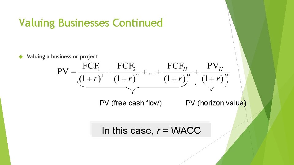 Valuing Businesses Continued Valuing a business or project PV (free cash flow) PV (horizon