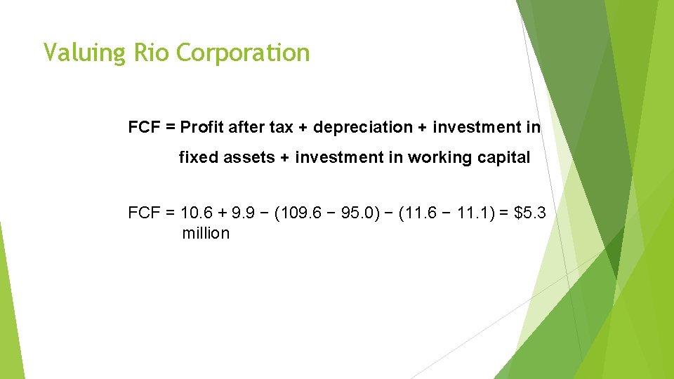 Valuing Rio Corporation FCF = Profit after tax + depreciation + investment in fixed