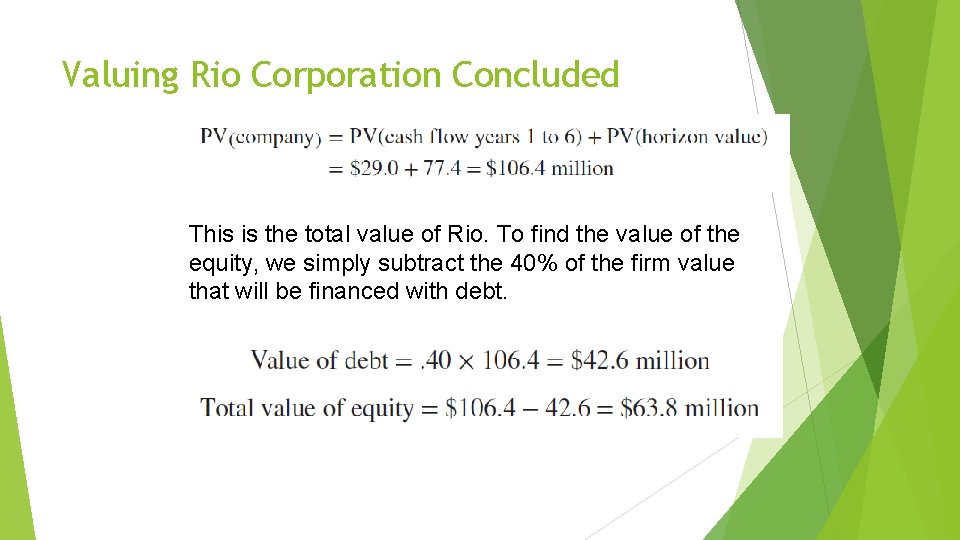 Valuing Rio Corporation Concluded This is the total value of Rio. To find the