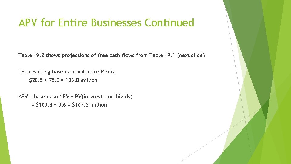 APV for Entire Businesses Continued Table 19. 2 shows projections of free cash flows