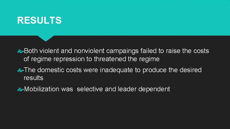 RESULTS Both violent and nonviolent campaings failed to raise the costs of regime repression