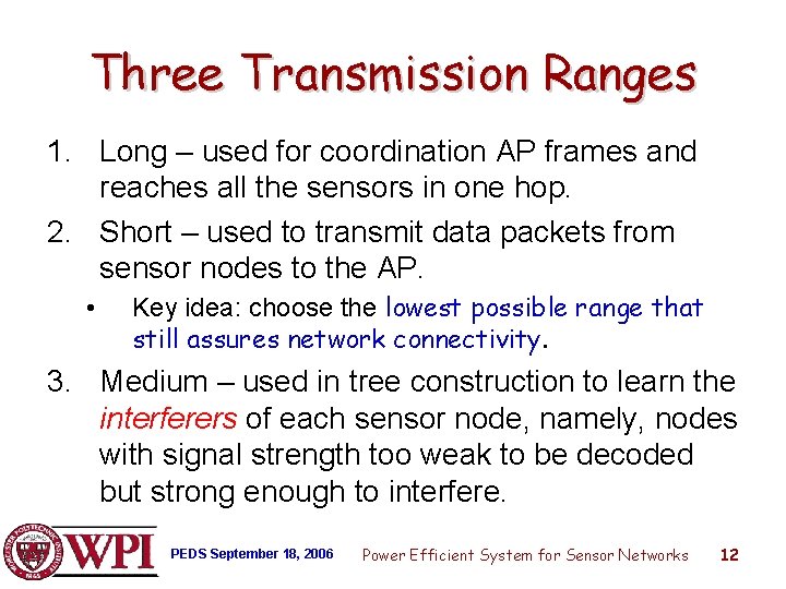 Three Transmission Ranges 1. Long – used for coordination AP frames and reaches all