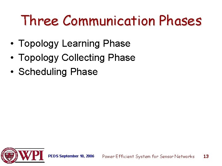 Three Communication Phases • Topology Learning Phase • Topology Collecting Phase • Scheduling Phase