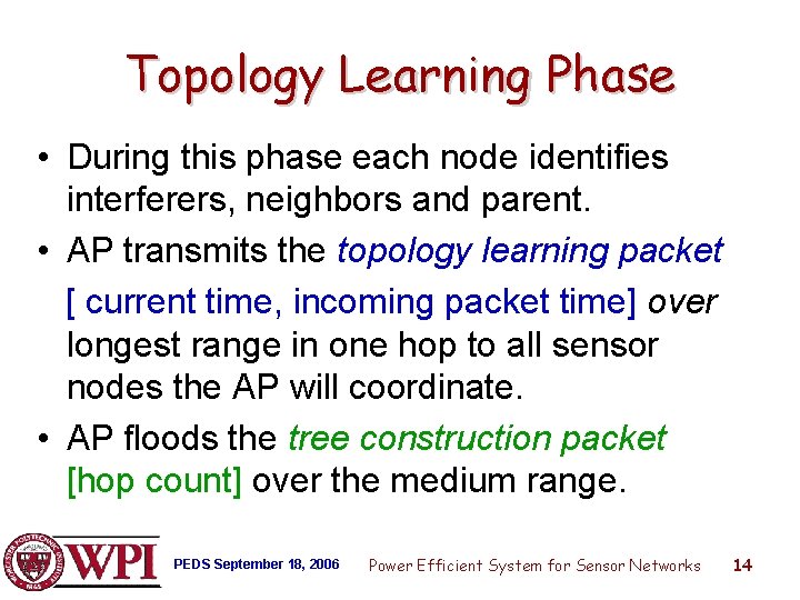Topology Learning Phase • During this phase each node identifies interferers, neighbors and parent.