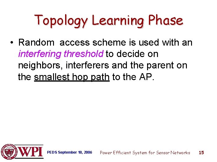 Topology Learning Phase • Random access scheme is used with an interfering threshold to