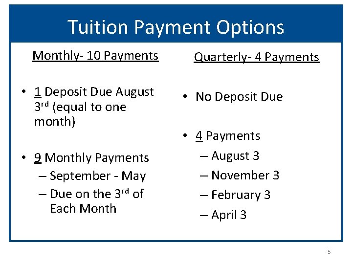 Tuition Payment Options Monthly- 10 Payments • 1 Deposit Due August 3 rd (equal