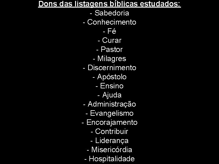 Dons das listagens bíblicas estudados: - Sabedoria - Conhecimento - Fé - Curar -