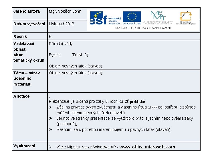 Jméno autora Mgr. Vojtěch John Datum vytvoření Listopad 2012 Ročník 6. Vzdělávací oblast obor