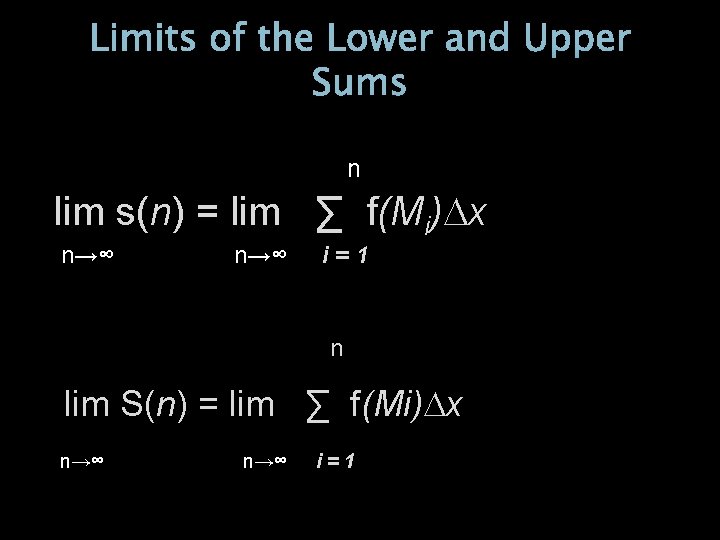 Limits of the Lower and Upper Sums n lim s(n) = lim ∑ f(Mi)