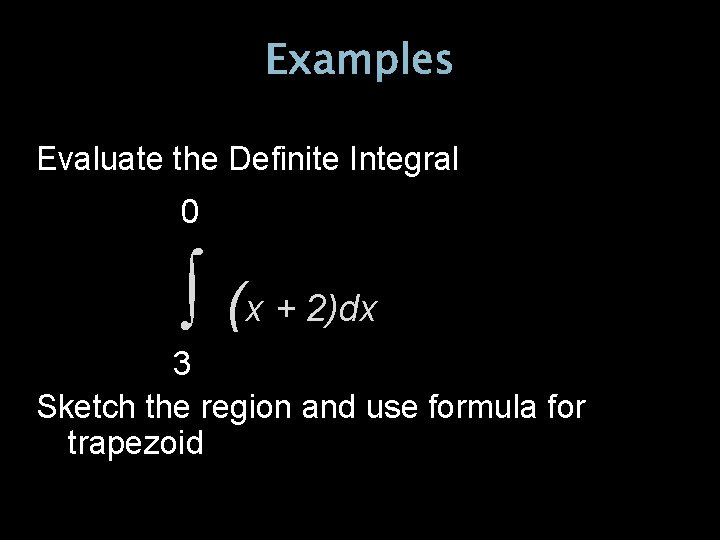 Examples Evaluate the Definite Integral 0 ∫ (x + 2)dx 3 Sketch the region