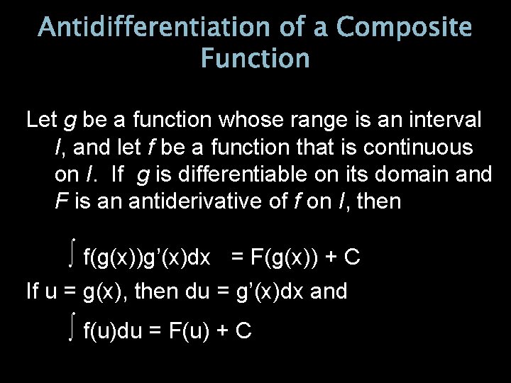 Antidifferentiation of a Composite Function Let g be a function whose range is an