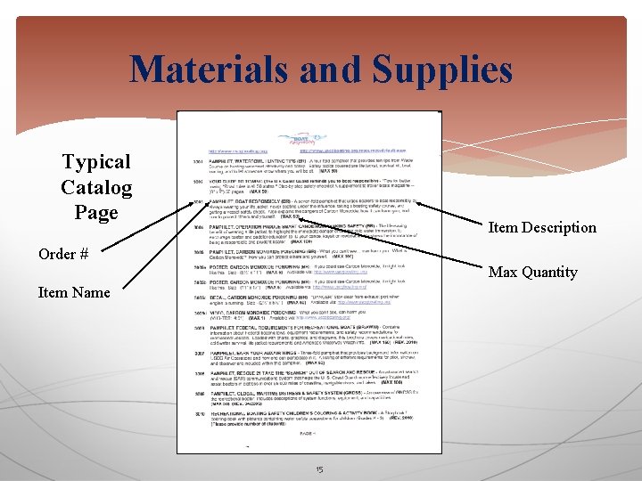Materials and Supplies Typical Catalog Page Item Description Order # Max Quantity Item Name