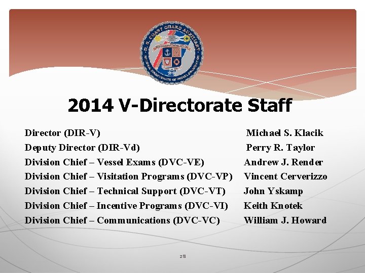 2014 V-Directorate Staff Director (DIR-V) Deputy Director (DIR-Vd) Division Chief – Vessel Exams (DVC-VE)