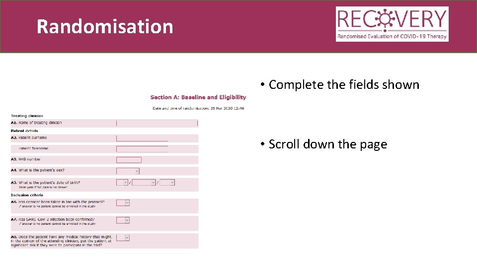 Randomisation • Complete the fields shown • Scroll down the page 