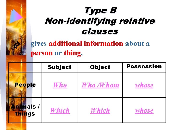 Type B Non-identifying relative clauses gives additional information about a person or thing. Subject