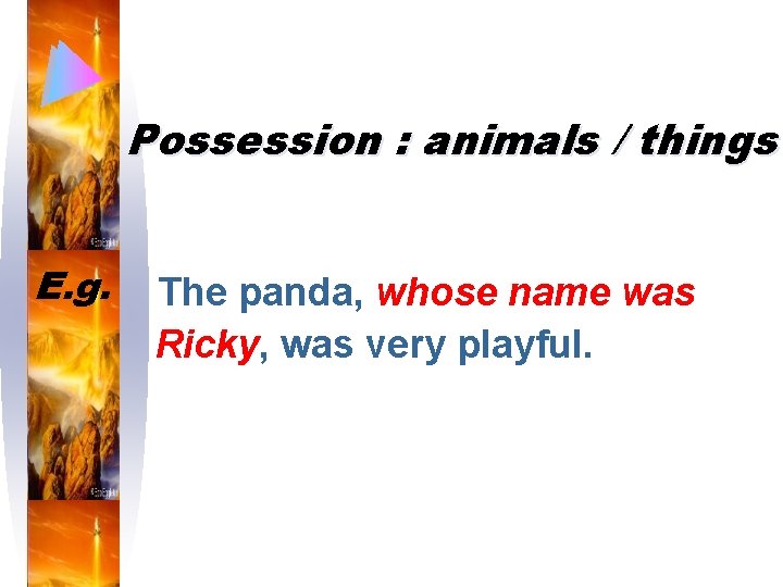Possession : animals / things E. g. The panda, whose name was Ricky, was
