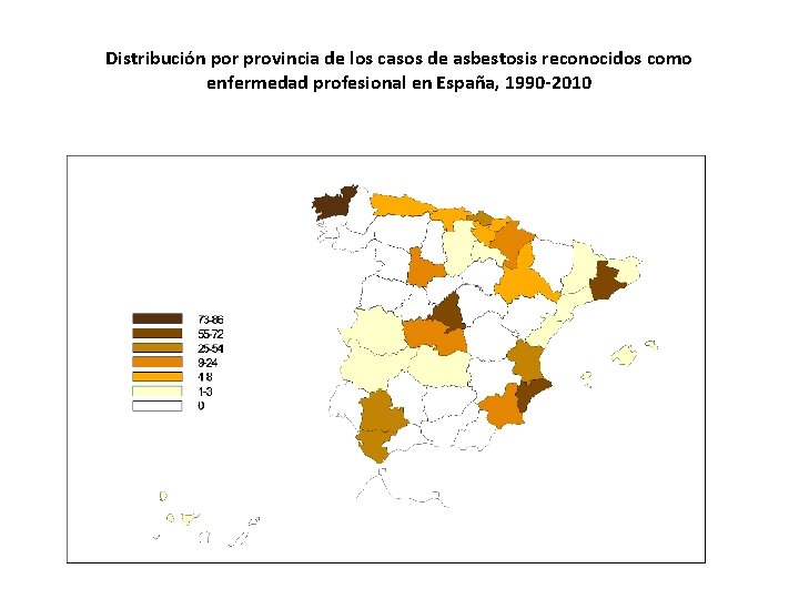 Distribución por provincia de los casos de asbestosis reconocidos como enfermedad profesional en España,