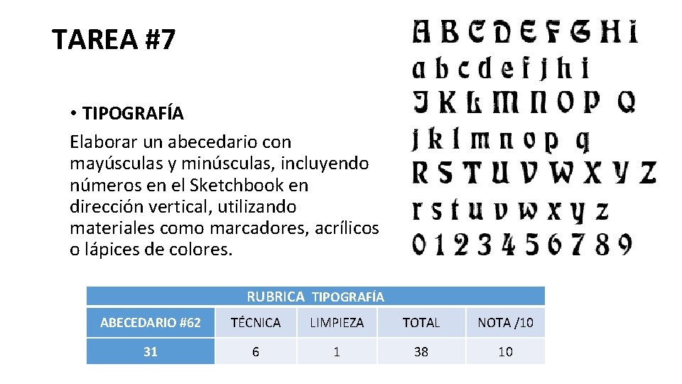 TAREA #7 • TIPOGRAFÍA Elaborar un abecedario con mayúsculas y minúsculas, incluyendo números en