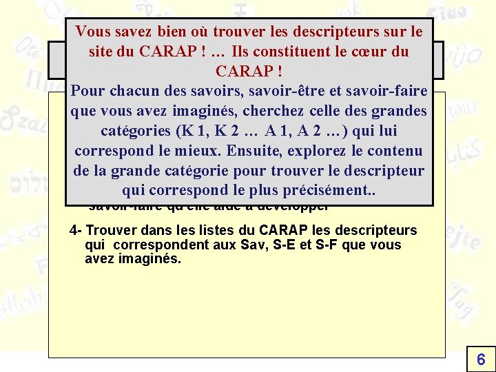 Vous savez bien où trouver les descripteurs sur le site du CARAP ! …