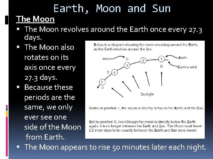 Earth, Moon and Sun The Moon revolves around the Earth once every 27. 3