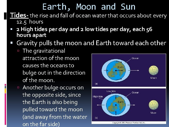 Earth, Moon and Sun Tides- the rise and fall of ocean water that occurs