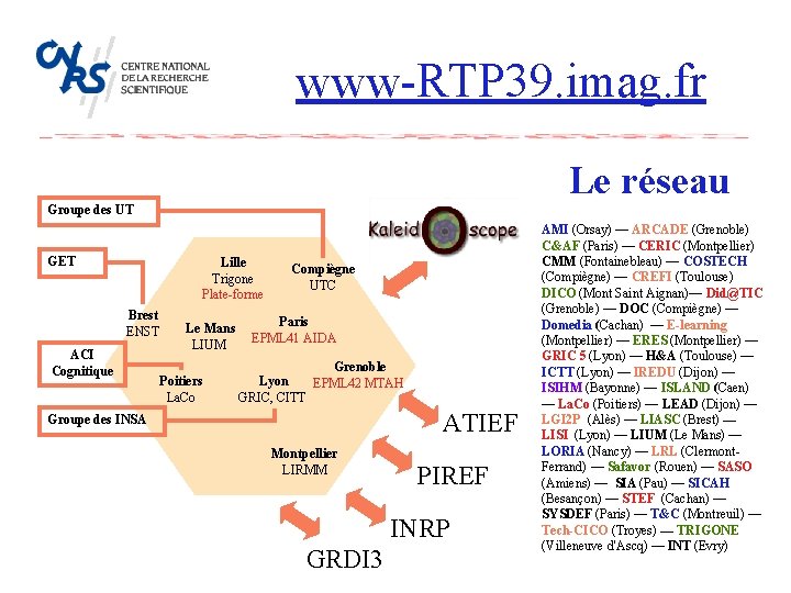 www-RTP 39. imag. fr Le réseau Groupe des UT GET Lille Trigone Plate-forme Brest