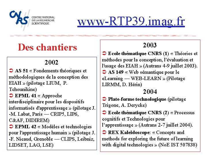 www-RTP 39. imag. fr Des chantiers 2002 AS 51 « Fondements théoriques et méthodologiques